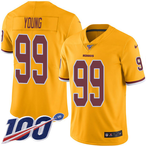 Nike Redskins #99 Chase Young Gold Youth Stitched NFL Limited Rush 100th Season Jersey